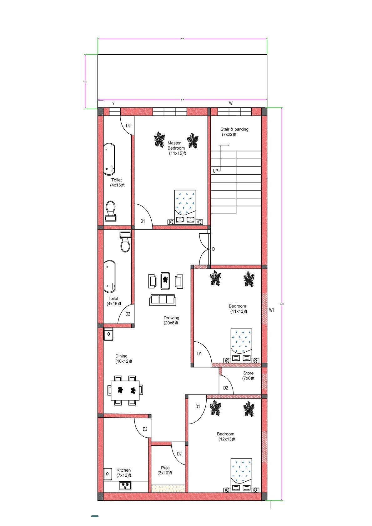 “2D floor plan of a 25×65 ft 3BHK house (actual size 25×65 ft) featuring a master bedroom, two additional bedrooms, two toilets, a drawing room, dining area, kitchen, puja room, store room, and a staircase with front parking. The layout includes an 8 ft wide west-side garden for ventilation and greenery.”