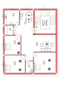 “2D floor plan of a 30×40 ft 3BHK house (actual size 30×40 ft) featuring three bedrooms, drawing room, dining area, kitchen, puja room, common toilet, and a large staircase with lift space. The layout includes well-planned ventilation, W-courtyard openings along the walls, and a compact circulation design suitable for urban plots.”