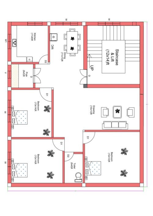 “2D floor plan of a 30×40 ft 3BHK house (actual size 30×40 ft) featuring three bedrooms, drawing room, dining area, kitchen, puja room, common toilet, and a large staircase with lift space. The layout includes well-planned ventilation, W-courtyard openings along the walls, and a compact circulation design suitable for urban plots.”
