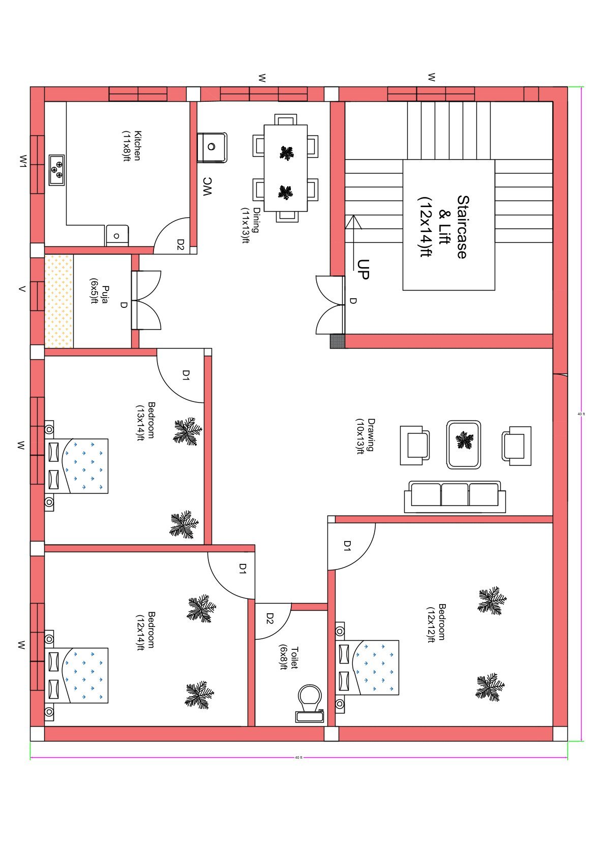 “2D floor plan of a 30×40 ft 3BHK house (actual size 30×40 ft) featuring three bedrooms, drawing room, dining area, kitchen, puja room, common toilet, and a large staircase with lift space. The layout includes well-planned ventilation, W-courtyard openings along the walls, and a compact circulation design suitable for urban plots.”