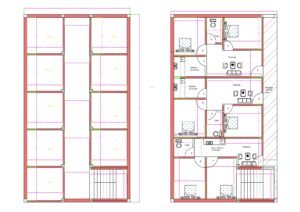 “2D floor plan of a 34×60 ft mixed-use building (actual size 34×60 ft) showing ground-floor commercial shops arranged in multiple units with a staircase, and a first-floor layout containing three separate residential flats with bedrooms, kitchens, drawing rooms, toilets, and circulation passages. The design is ideal for rental income from both shops and residential units.”