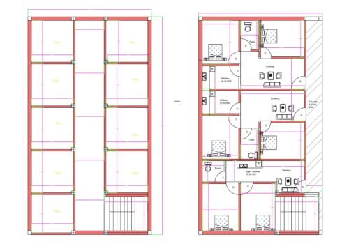 “2D floor plan of a 34×60 ft mixed-use building (actual size 34×60 ft) showing ground-floor commercial shops arranged in multiple units with a staircase, and a first-floor layout containing three separate residential flats with bedrooms, kitchens, drawing rooms, toilets, and circulation passages. The design is ideal for rental income from both shops and residential units.”