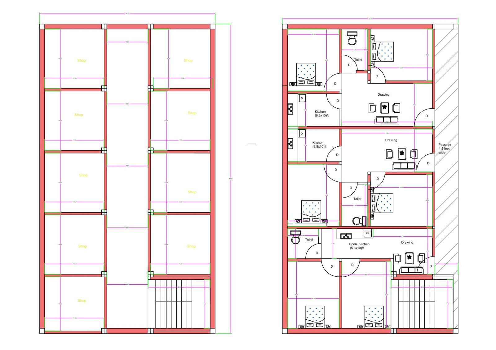 “2D floor plan of a 34×60 ft mixed-use building (actual size 34×60 ft) showing ground-floor commercial shops arranged in multiple units with a staircase, and a first-floor layout containing three separate residential flats with bedrooms, kitchens, drawing rooms, toilets, and circulation passages. The design is ideal for rental income from both shops and residential units.”