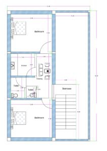 “2D floor plan of a 24×38 ft compact 2BHK house (actual size 24×38 ft) featuring two bedrooms, two toilets, a drawing area, a kitchen, and a staircase lobby. The layout includes symmetrical bedroom placement, a small central living zone, and attached/common toilet access suitable for rental or family living.”