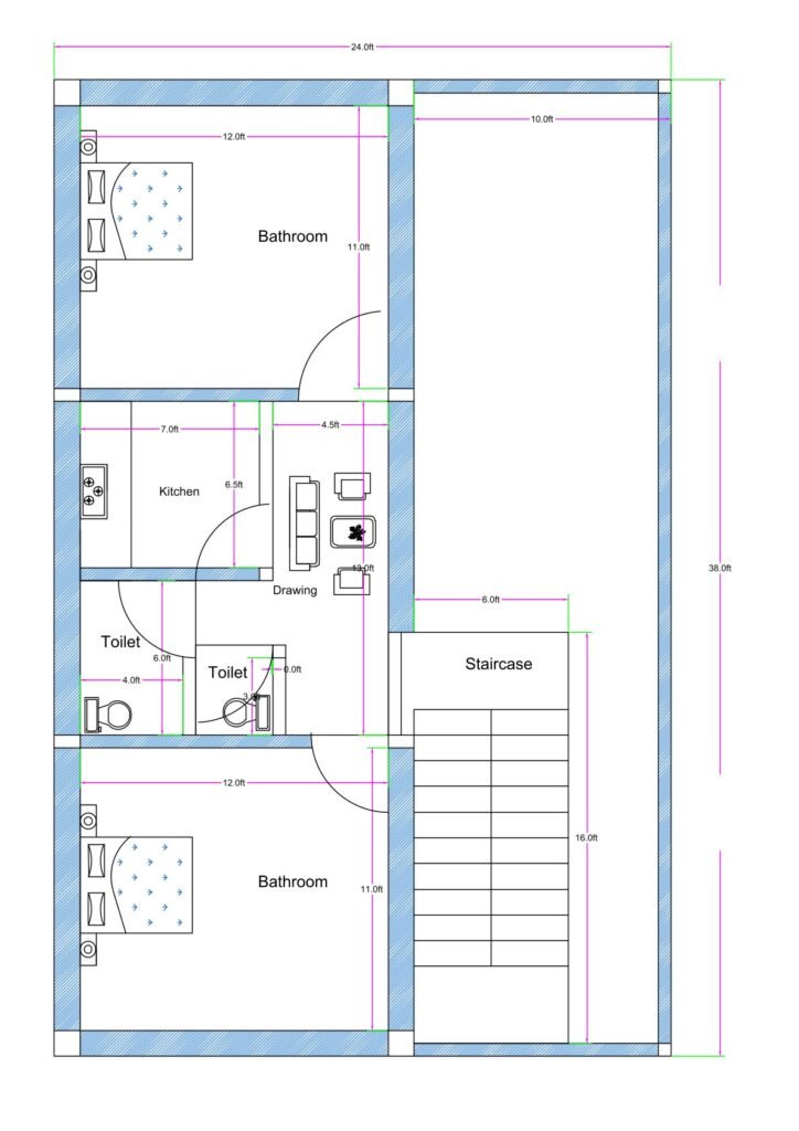 “2D floor plan of a 24×38 ft compact 2BHK house (actual size 24×38 ft) featuring two bedrooms, two toilets, a drawing area, a kitchen, and a staircase lobby. The layout includes symmetrical bedroom placement, a small central living zone, and attached/common toilet access suitable for rental or family living.”
