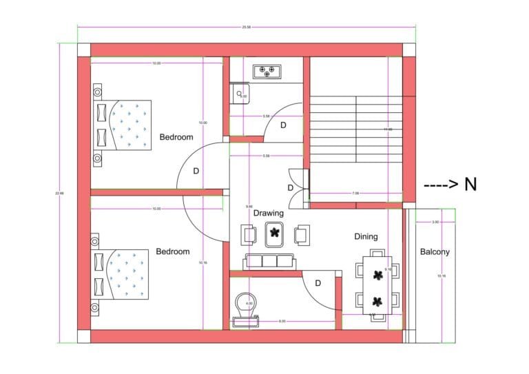 “2D floor plan of a 23×28 ft compact 2BHK house (actual size 22.58×27.66 ft) featuring two bedrooms, a drawing room, dining area, attached balcony, kitchen, toilet, and staircase. The layout shows efficient room placement inside a small rectangular plot, suitable for low-budget homes and rental units.”