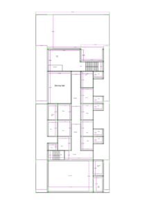 “2D floor plan of a 40×90 ft yoga and wellness centre (actual size 40×90 ft) featuring multiple guest rooms, toilets, passages, dining hall, reception area, yoga hall, staircase, and structured circulation throughout the building. The layout includes symmetrical room placement and large activity halls suitable for yoga, meditation, and residential retreats.”