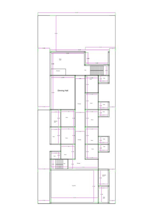 “2D floor plan of a 40×90 ft yoga and wellness centre (actual size 40×90 ft) featuring multiple guest rooms, toilets, passages, dining hall, reception area, yoga hall, staircase, and structured circulation throughout the building. The layout includes symmetrical room placement and large activity halls suitable for yoga, meditation, and residential retreats.”