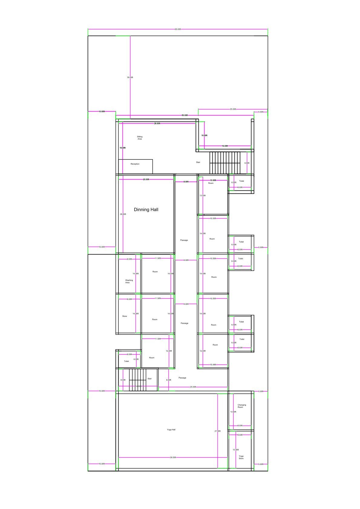 “2D floor plan of a 40×90 ft yoga and wellness centre (actual size 40×90 ft) featuring multiple guest rooms, toilets, passages, dining hall, reception area, yoga hall, staircase, and structured circulation throughout the building. The layout includes symmetrical room placement and large activity halls suitable for yoga, meditation, and residential retreats.”