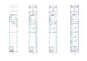 “2D multi-floor plan of a 15×90 ft narrow apartment building (actual size 14.75×90 ft) showing ground floor parking/open hall and four upper floors filled with multiple bedrooms, attached toilets, kitchens, staircases, and compact circulation passages. Each floor contains a sequence of rental rooms suitable for hostel, PG, multi-tenant housing, or small apartment units.”
