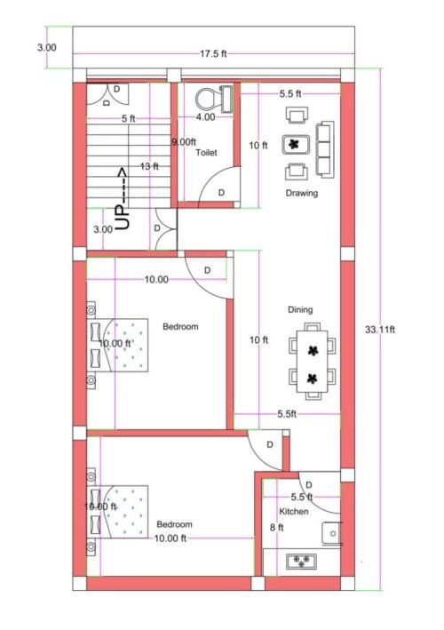 17.50x33.11 ft 2BHK