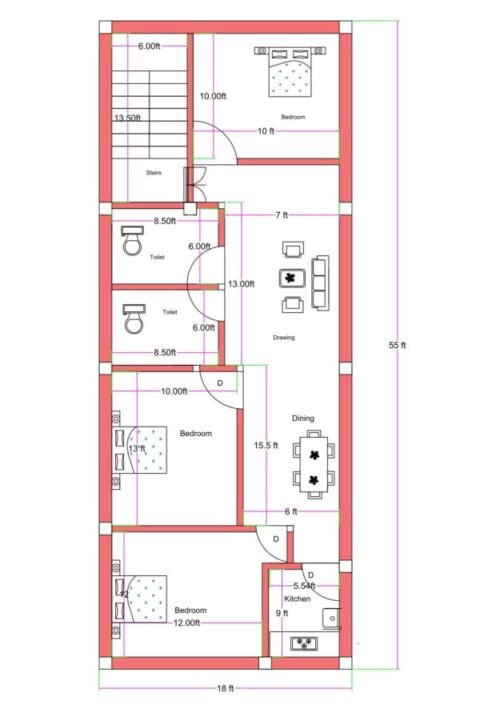 18x55 ft 3BHK