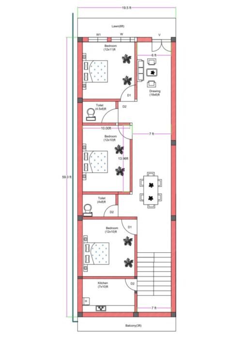 19.60x59 ft 3BHK