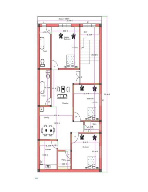 20.16x59.9 ft 3BHK