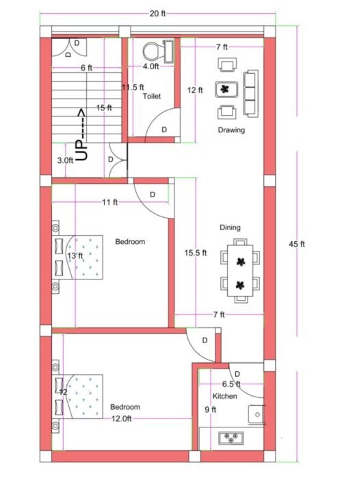 20x45 ft 2BHK