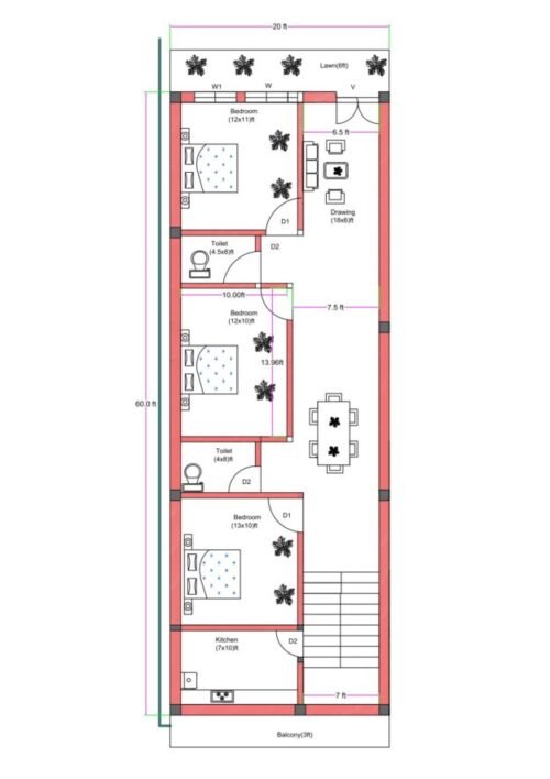 20x60 ft 3BHK 6Feet Lawn