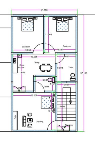 20x40 Feet 2BHK House Plan | Compact 22x38 Design (Actual Size 21x37 Ft)