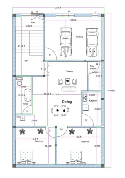 21.50x47.66 ft 2BHK + Parking