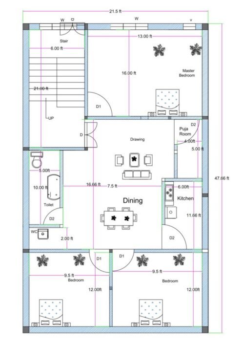 21.50x47.66 ft 3BHK