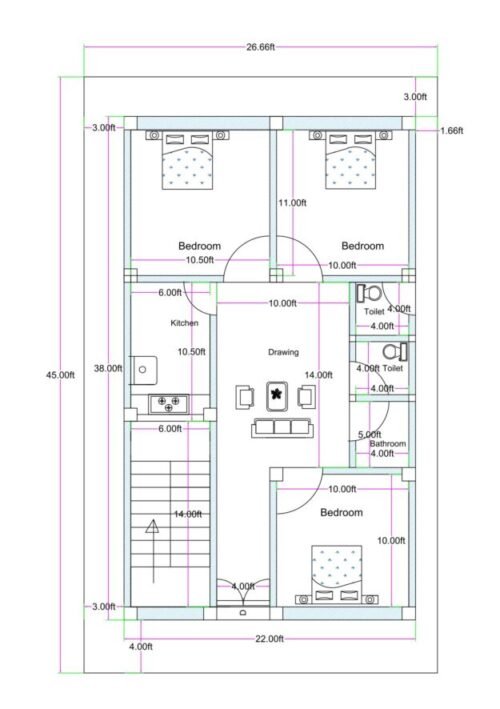 22x39 ft 3BHK