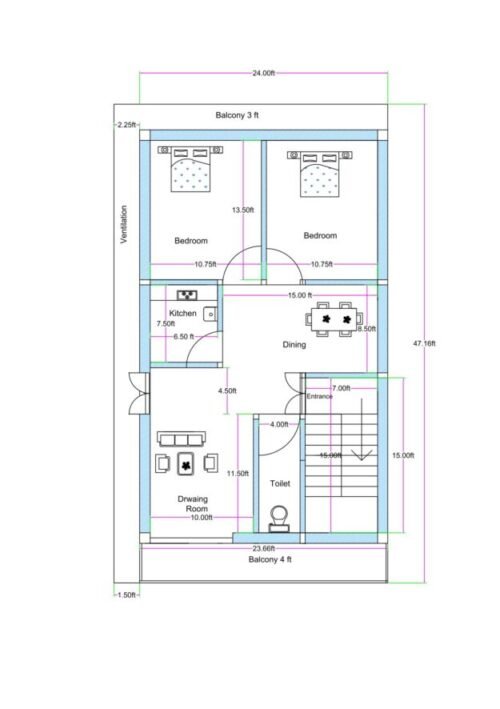 23.66x47.16 ft 2BHK with Balcony