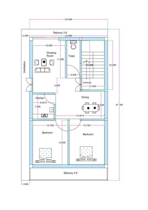 23.66x47.16 ft 2BHK with Balcony 2