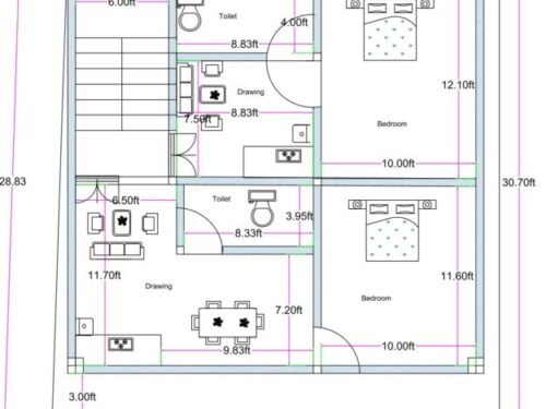 26.83x25.83 ft 2BHK