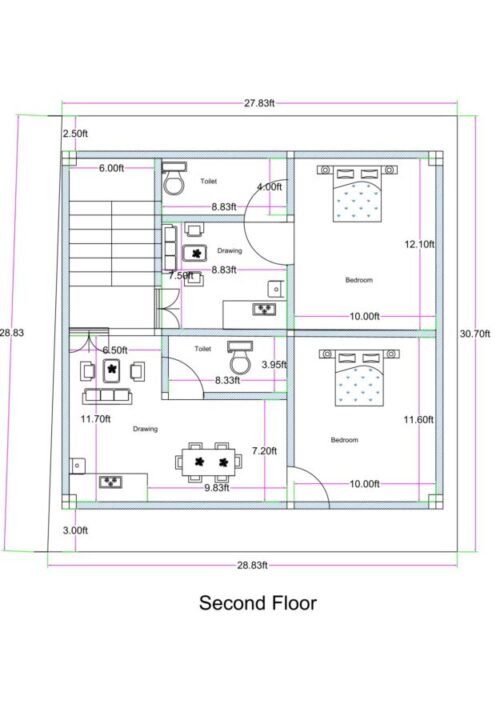 26.83x25.83 ft 2BHK