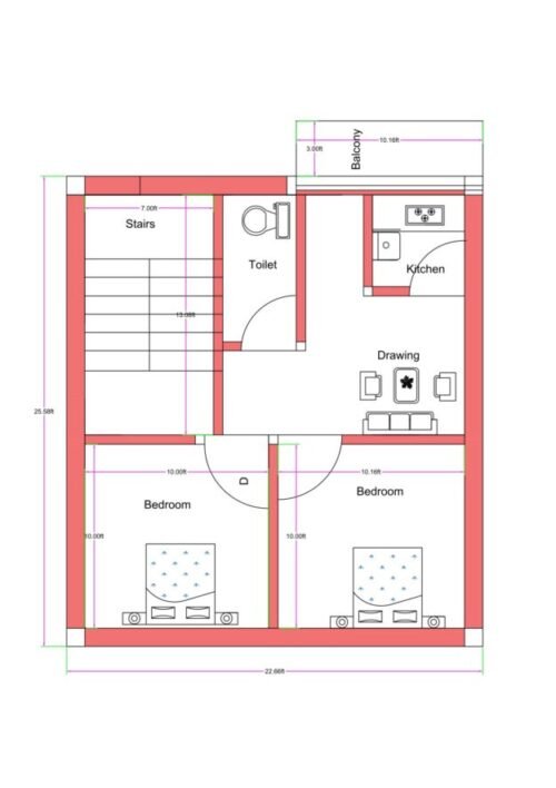 26.83x25.83 ft 2BHK 2