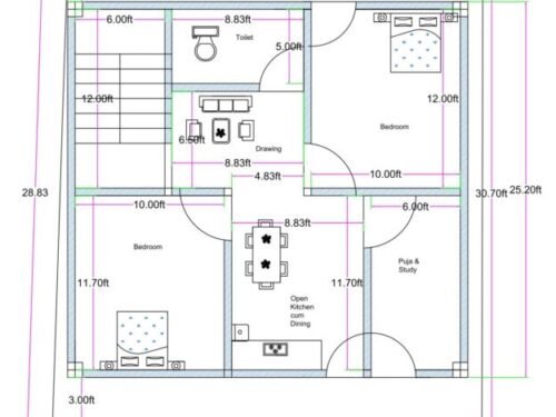 26.83x25.83 ft 2BHK 3