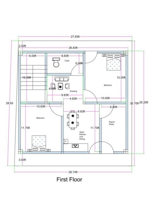 26.83x25.83 ft 2BHK 3