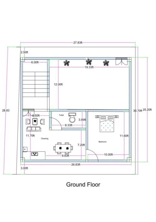 26.83x25.83 ft 1BHK with parking