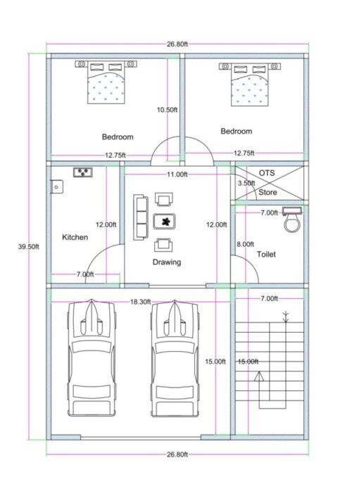 26.80x39.50 ft 2BHK with Parking