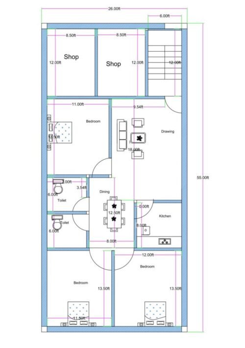 26x55 ft 3BHK 2Shops