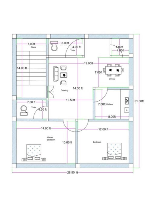 28.50x31.50 ft 2BHK