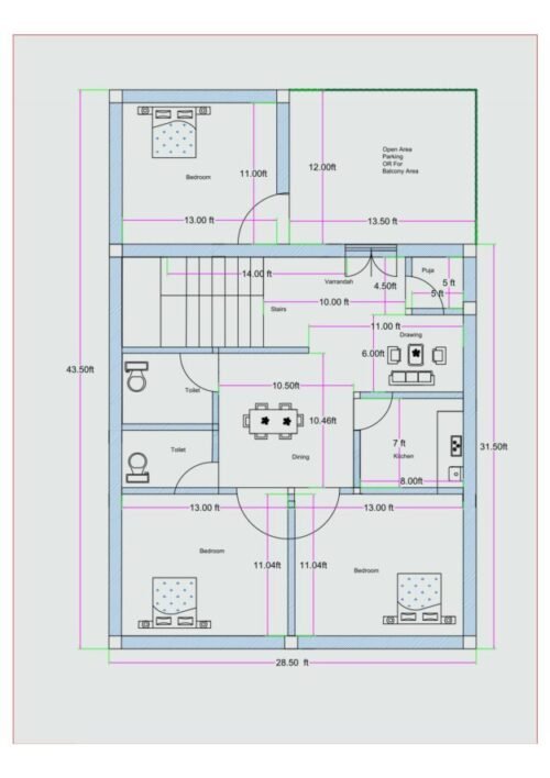28.50x43.50 ft 3BHK Luxury