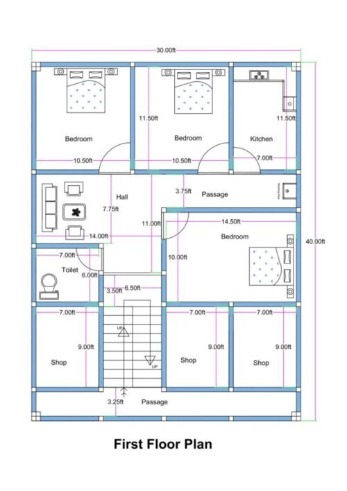30x40 ft 3BHK + 3Shops First Floor2