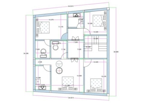34.25x39.25 ft 4BHK trapezoidal plot