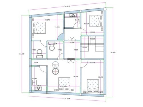 34.25x39.25 ft 4BHK trapezoidal plot