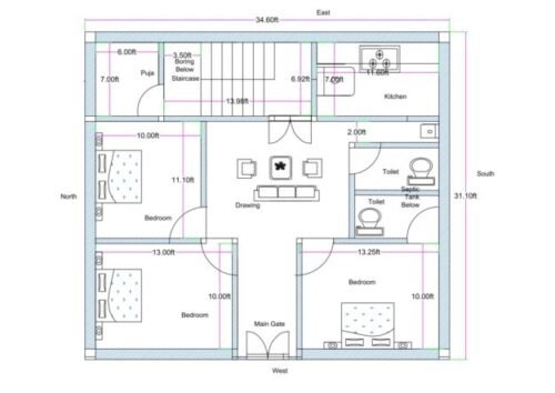 34.6x31.1 ft 3BHK