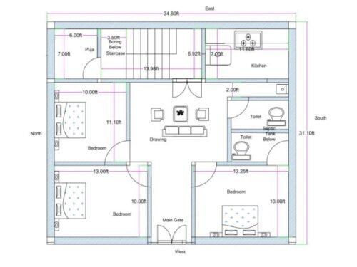34.6x31.1 ft 3BHK