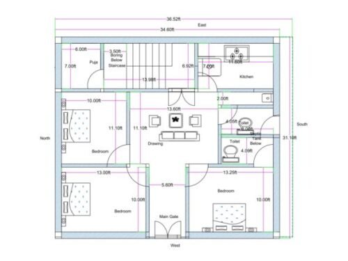 34.6x31.1 ft 3BHK 2