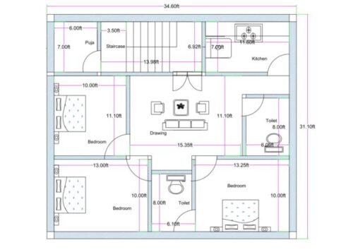 34.6x31.1 ft 3BHK 3