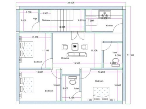 34.6x31.1 ft 3BHK 3