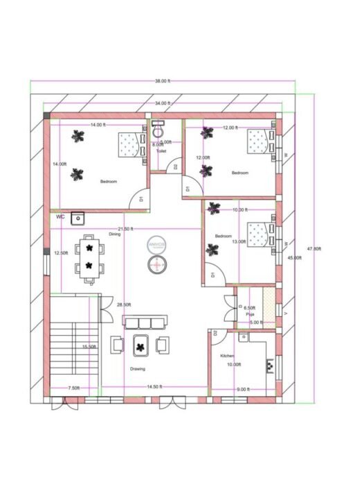 38x47.801 ft 3BHK