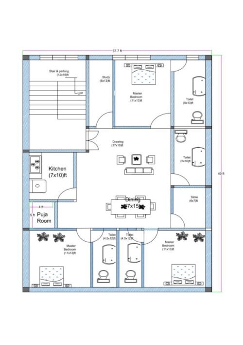 40x37.7 ft 3BHK