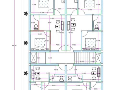 42x59 1BHK & 2BHK 4Flats Apartment Building Plan