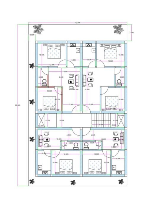 42x59 1BHK & 2BHK 4Flats Apartment Building Plan