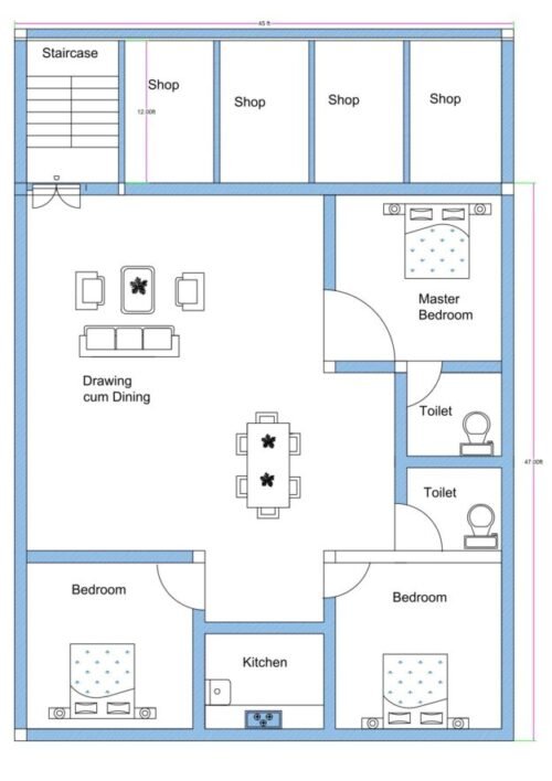 45x60 ft 3BHK 3Shops Luxury