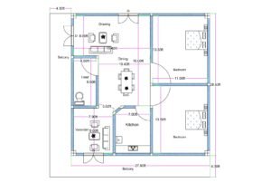 “2D floor plan of a 28×28 ft compact 2BHK house (actual size 27.90×28.50 ft) featuring two bedrooms, a drawing room, dining area, kitchen, verandah, toilet, and two balconies. The layout shows symmetrical bedroom placement, functional kitchen space, and front + side balconies for ventilation and outdoor seating.”